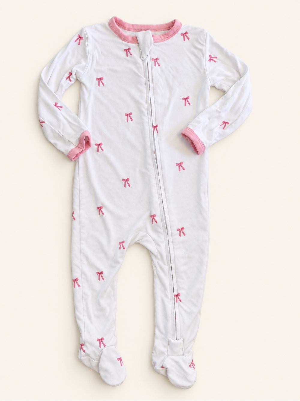 White and Pink Bow-Print Footed One-Piece Pajamas